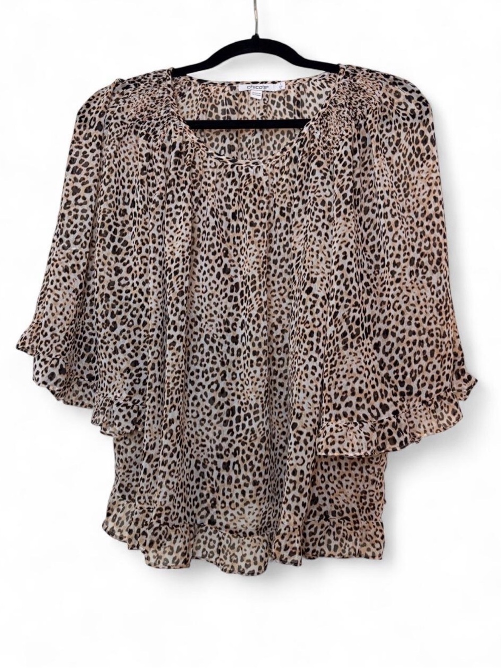 Chico's Leopard Print Ruffle Sleeve Blouse Size M Boho Chic Animal Print Top - Picture 2 of 10